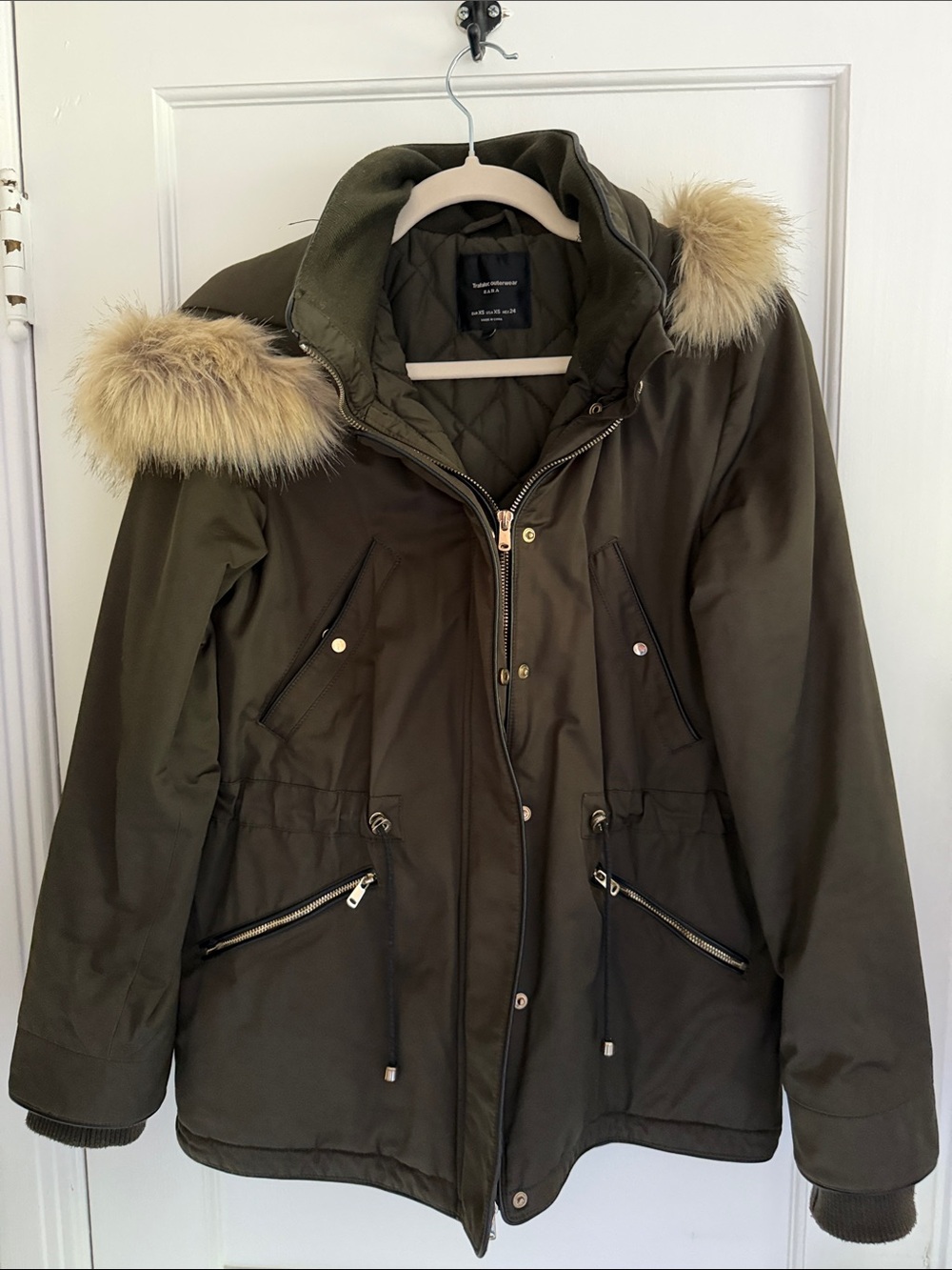 Zara Olive Green Parka with Faux-Fur hood